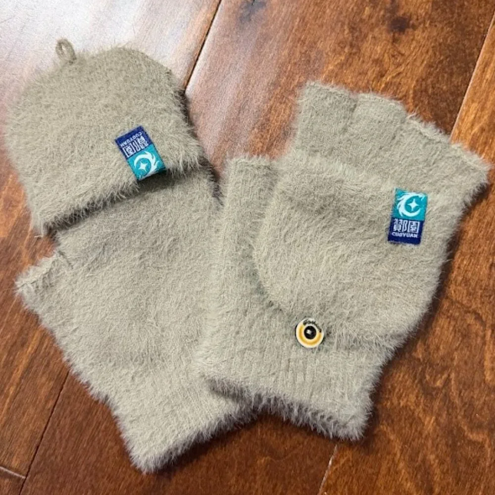 Soft Fuzzy Fingerless Gloves with Button Detail One Size